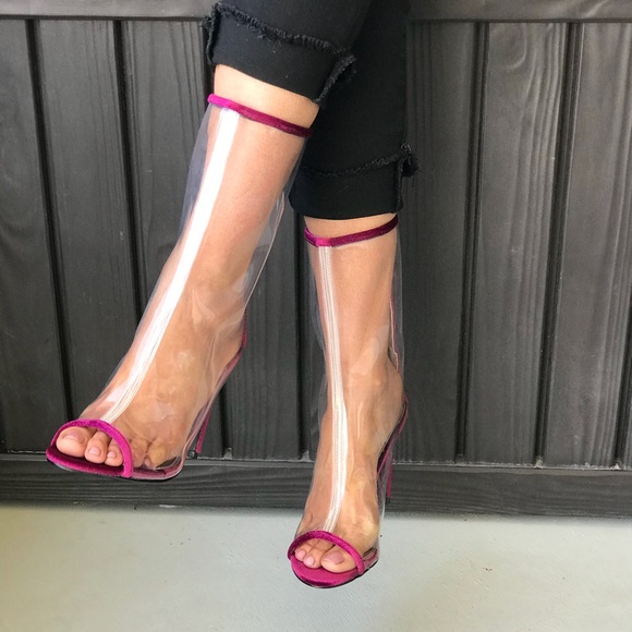 NIB Burgundy Red Clear Peep Toe Boots - Picture 5 of 8